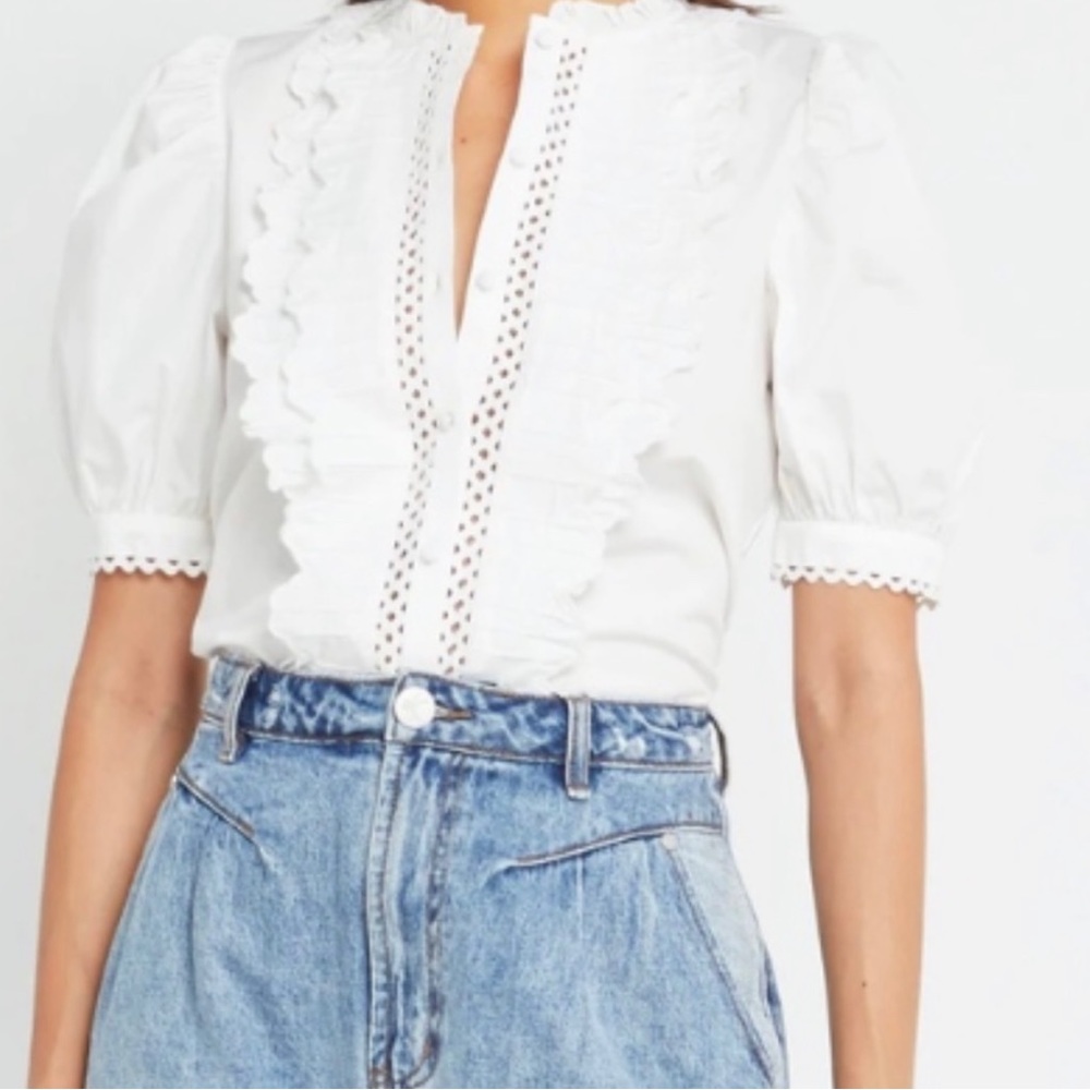 White Ruffled Eyelet Cotton Blouse